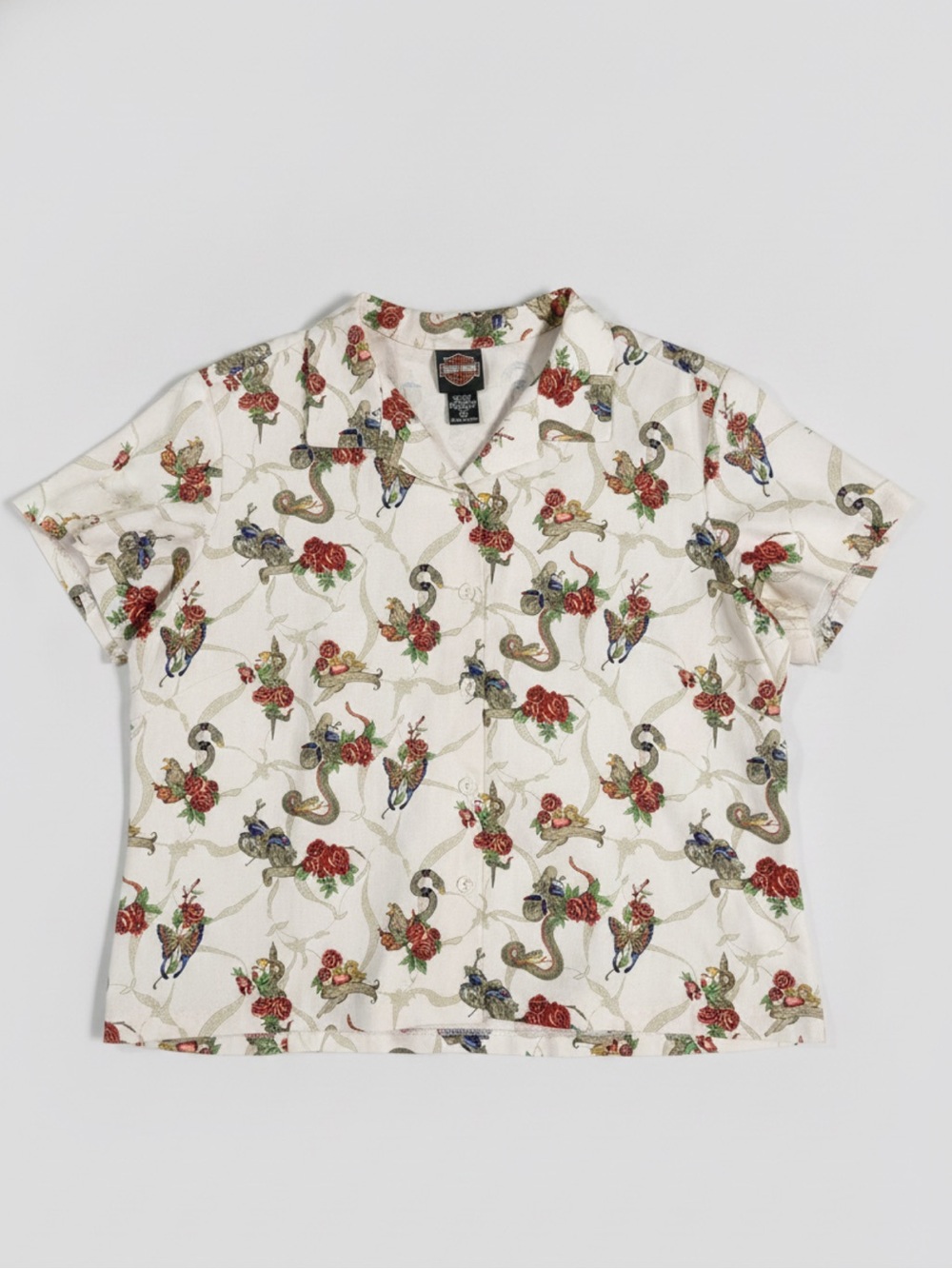 HARLEY DAVIDSON X TORI RICHARD Silk Shirt Womens Tattoo Print Button Shirt Top